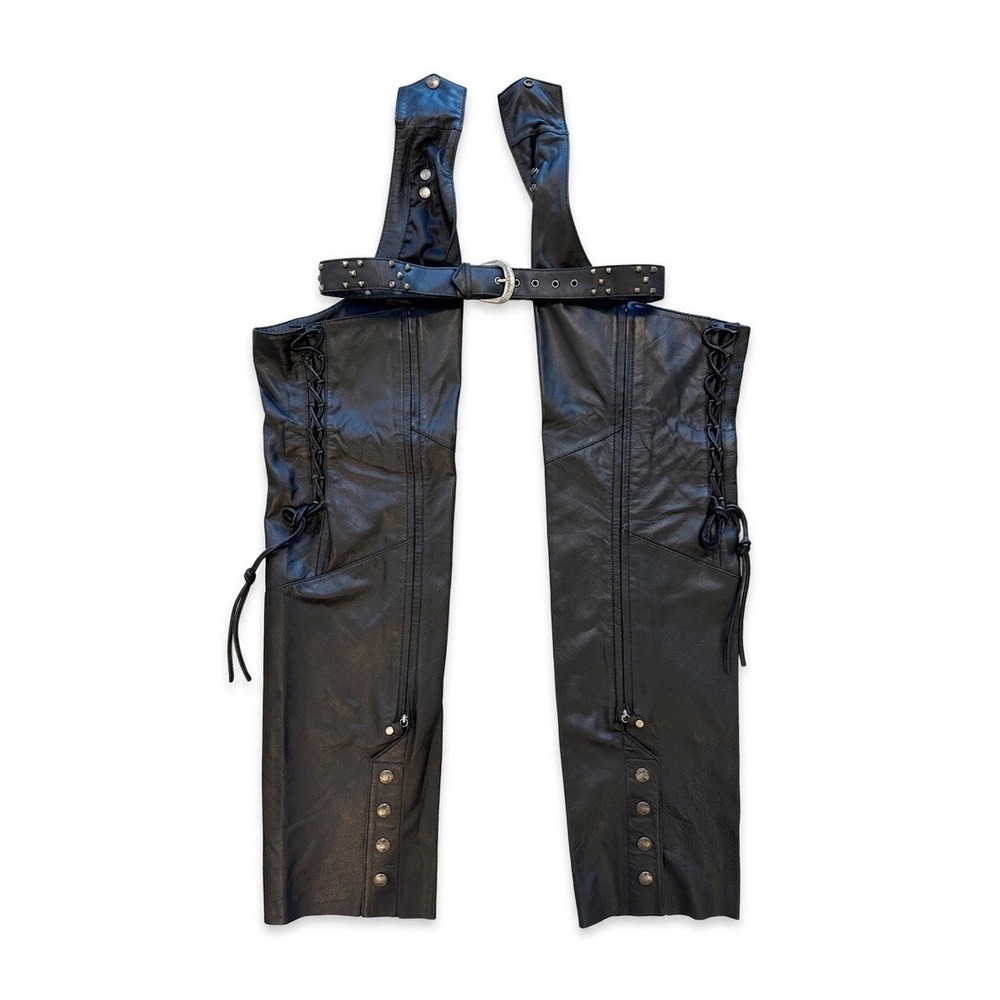 Harley Davidson Chaps Womens Black SzL Side Ties 2012 Leather Zip/Buttons W/Belt